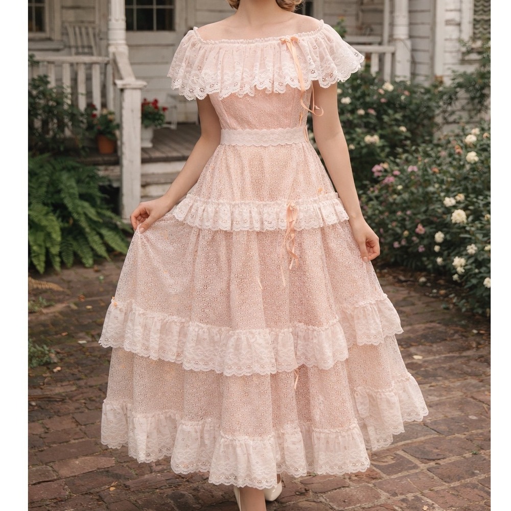 Vtg Dance-Allure Pink Lace Tiered Maxi Dress Ruffle Prairie‎ Cottagecore USA J1